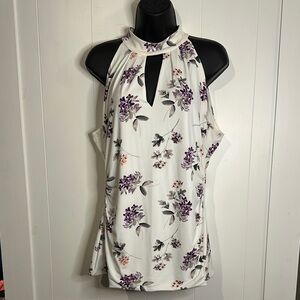 White House Black Market Floral Keyhole Blouse - White and Purple